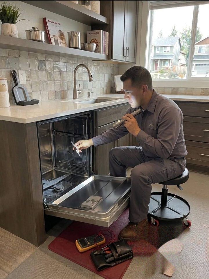 Dishwasher checked by flashlight from a service stool