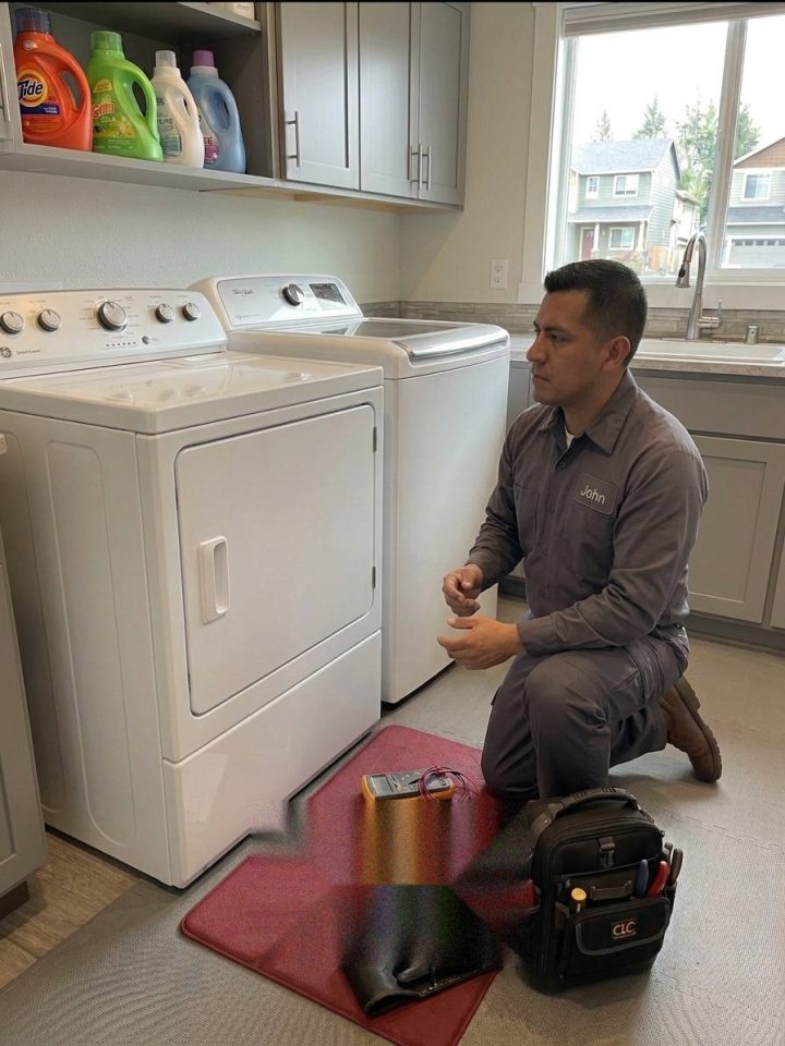 Technician kneeling at a top-load laundry pair on a Bellingham visit