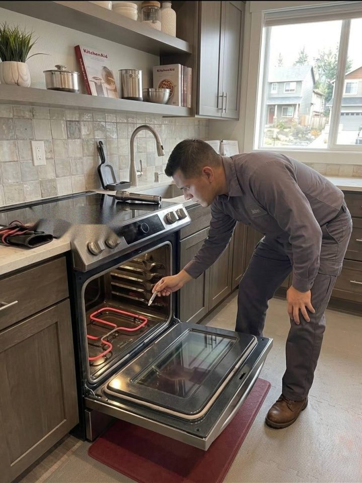 Electric oven with the bake element glowing under inspection
