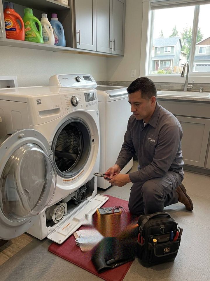 Front-load washer opened for pump service, lower panel off